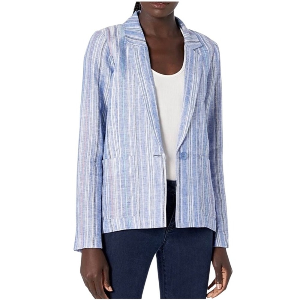 Parker Blazer Women Small Blue Striped Linen Single‎ Breasted Preppy Career Corp